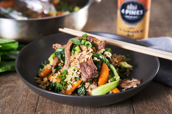 Char Sui Porterhouse Steak with Brown Rice and Stir Fried Veg