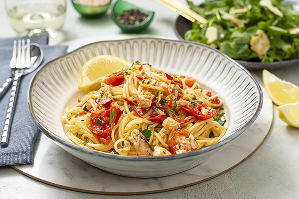 Blue Swimmer Crab Spaghetti with Wine, Garlic & Parsley and Rocket and Shaved Parmesan Salad