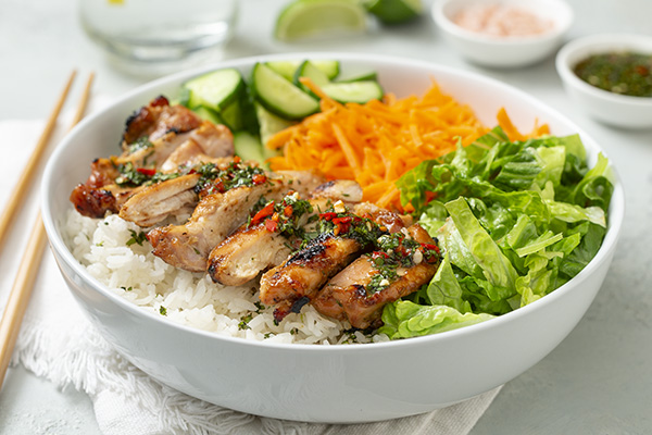 Vietnamese Chicken and Rice Bowls with Nuoc Cham