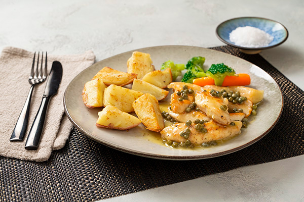 Chicken Piccata and Sauteed Potatoes with a Trio of Winter Veg
