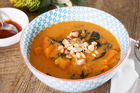 Sweet Potato Soup with Silverbeet and Crunchy Peanuts