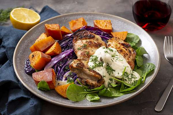 Lemon and Dill Chicken Tray Bake With Roasted Sweet Potato and Cabbage Wedges