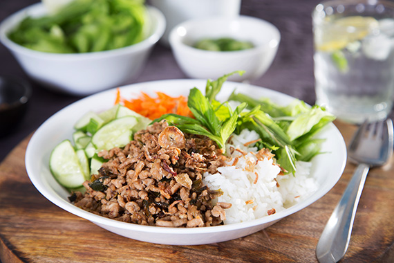 Caramelised Pork Rice Bowl with Jasmine Rice, Crunchy Salad and Mint