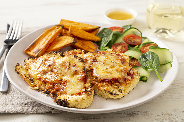 Cauliflower Parmigiana with Sweet Potato Wedges