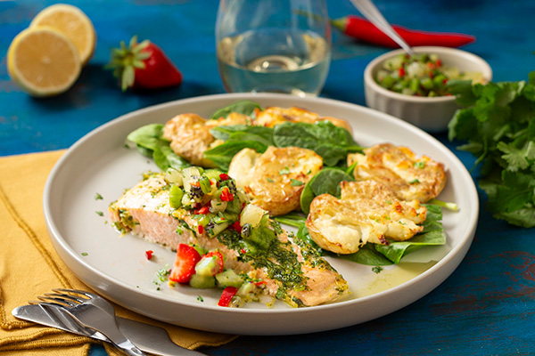 Salmon with Strawberry and Pineapple Salsa and Crispy Smashed Potatoes