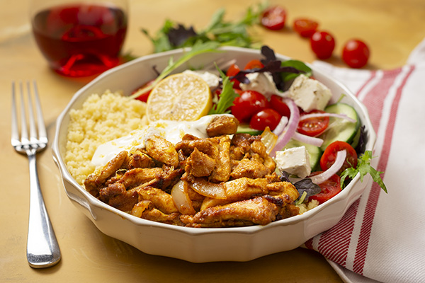 Chicken Shawarma Bowl with Greek Salad and Couscous