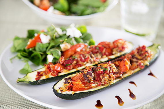 Stuffed Mediterranean Zucchini Boats with Spinach & Fetta Salad