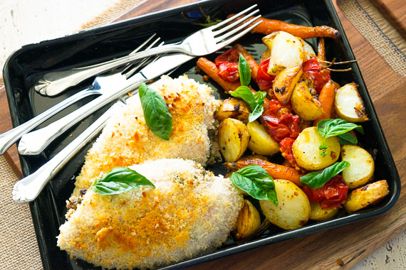 Pesto Stuffed Chicken with Roasted Tomatoes, Potatoes and Baby Carrots