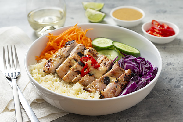 Satay Chicken Salad Bowl with Garlic and Lime Rice