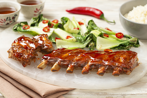 Speedy Char Siu Spare Ribs with Asian Greens and Jasmine Rice