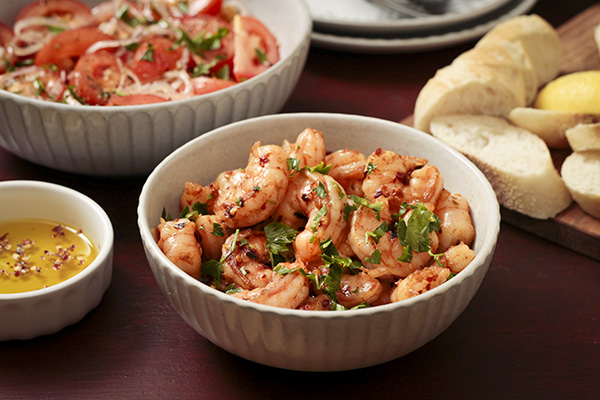 Spanish Garlic Chilli Prawns with Tomato and Chickpea Salad