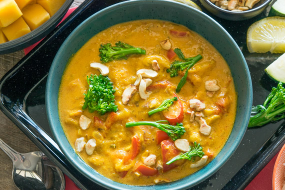 Mango Curry with Jasmine Rice Broccolini and Cashew Nuts