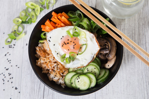 Bibimbap with Mushroom, Kai Lan, Kimchi, Egg and Black Sesame