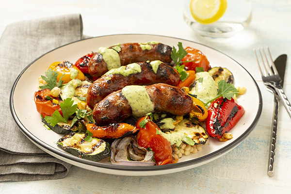 BBQ Pork and Fennel Sausages and Veg with Green Sauce and Couscous