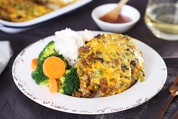 Lamb and Beef Bobotie with Rice, Chutney, Broccoli and Carrots