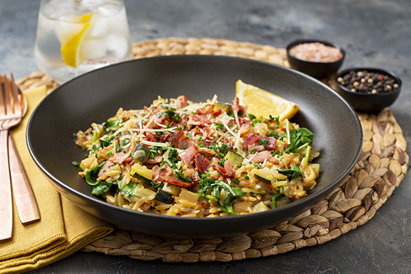 Creamy Lemon and Zucchini Orzotto with Crispy Bacon