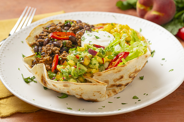 Beef Tortilla Bowl with Peach Salsa