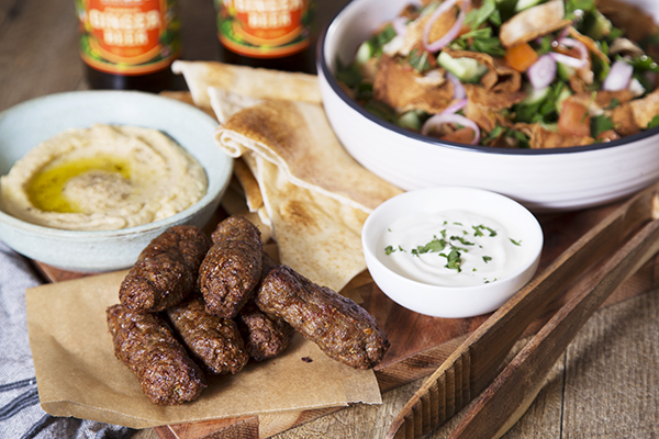 Lamb and Beef Kofta Mezze with Hummus Warm Pita and Fattoush