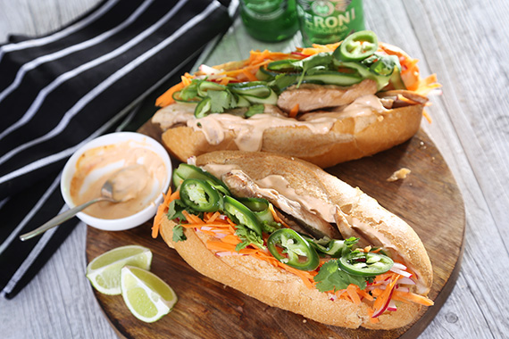 Chicken Bahn Mi with Sriracha Mayo and Quick Pickled Vegetables